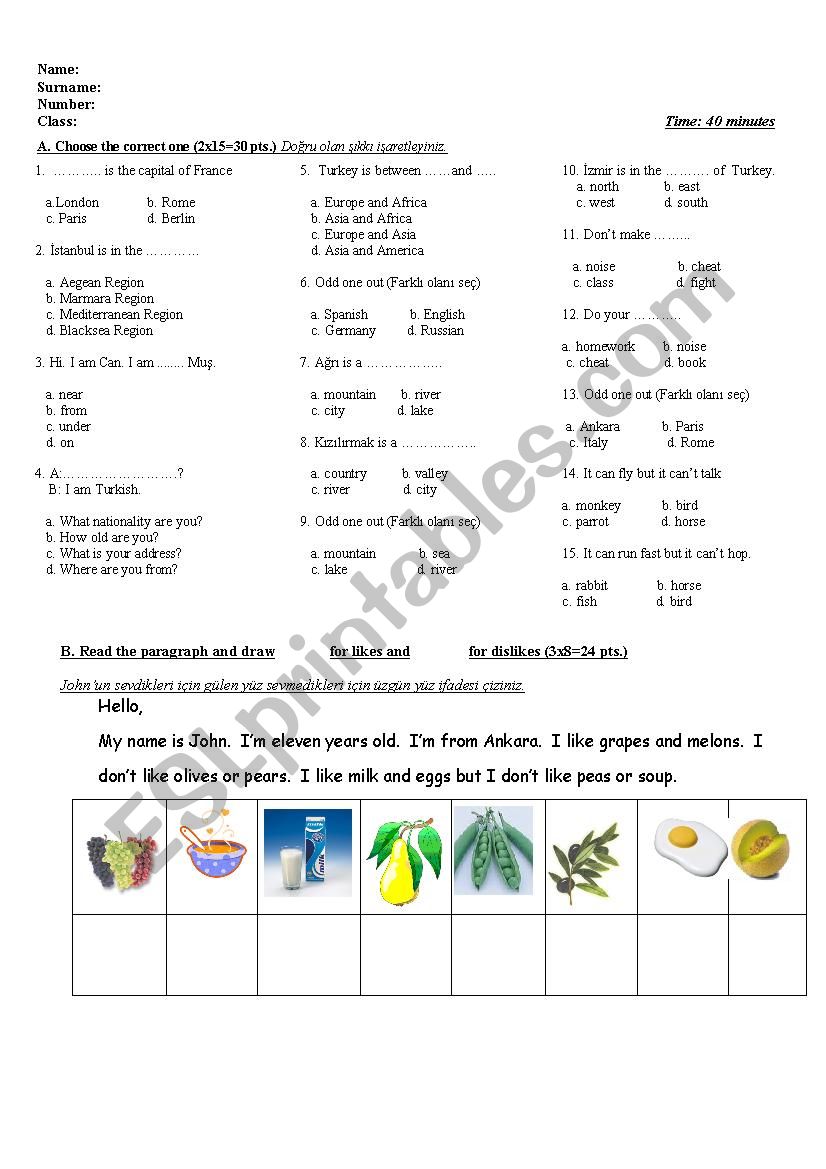 test for kids worksheet