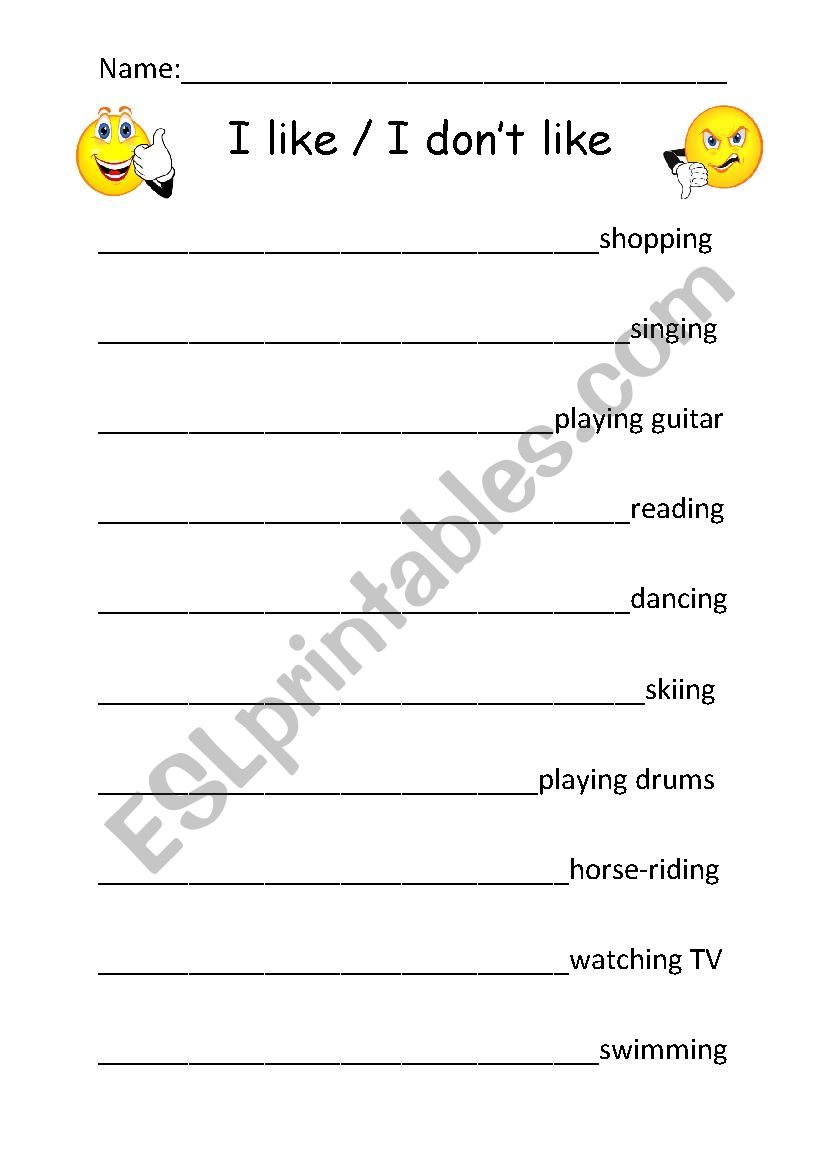 Hobbies - Like / Dont like worksheet