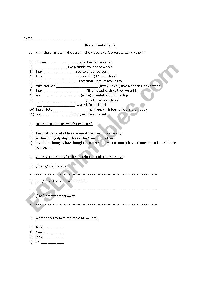 Present Perfect quiz worksheet