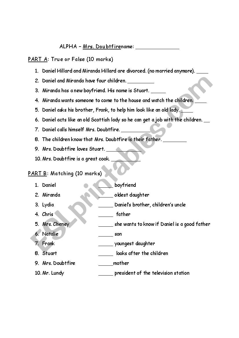 Mrs. Doubtfire movie review and comprehension questions