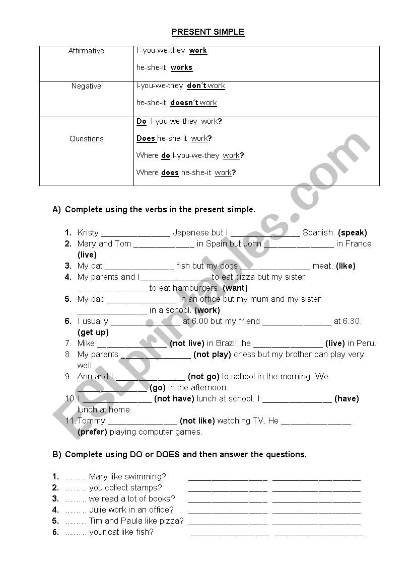 PRESENT SIMPLE all forms worksheet