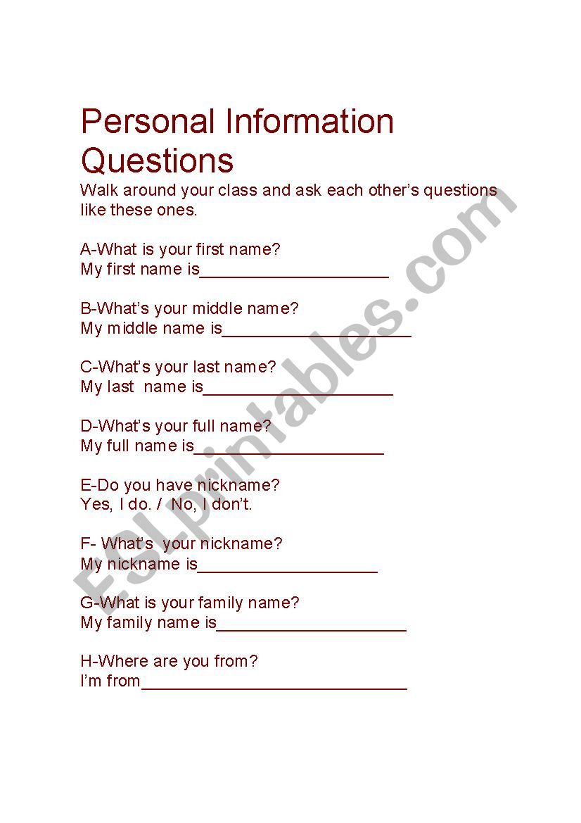 Personal Questions worksheet