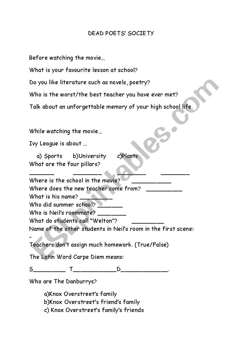 dead poetsÂ´ society worksheet