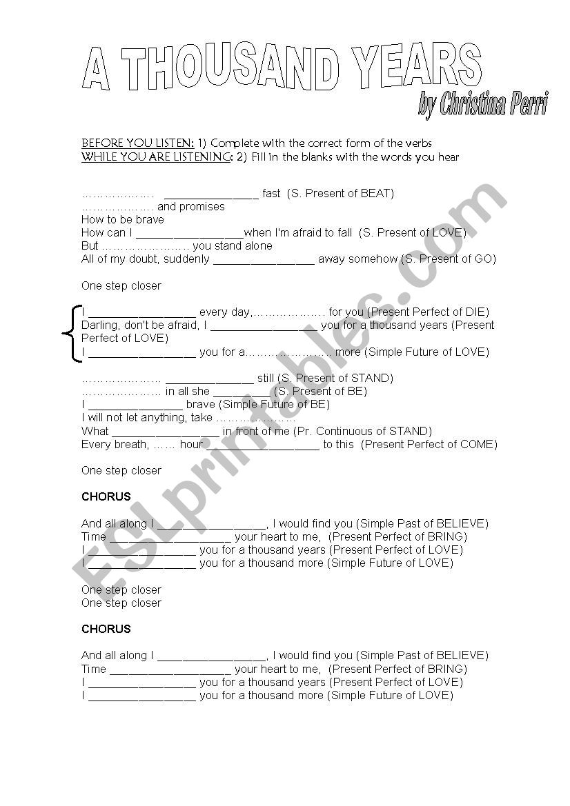 Song: A Thousand Years worksheet
