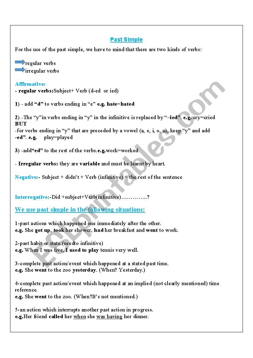 Past Simple Use  worksheet