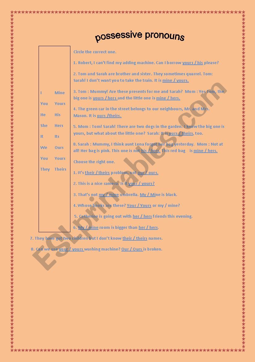 possessive pronouns worksheet
