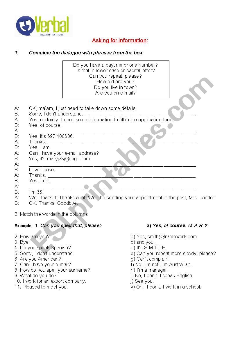 Getting Information worksheet