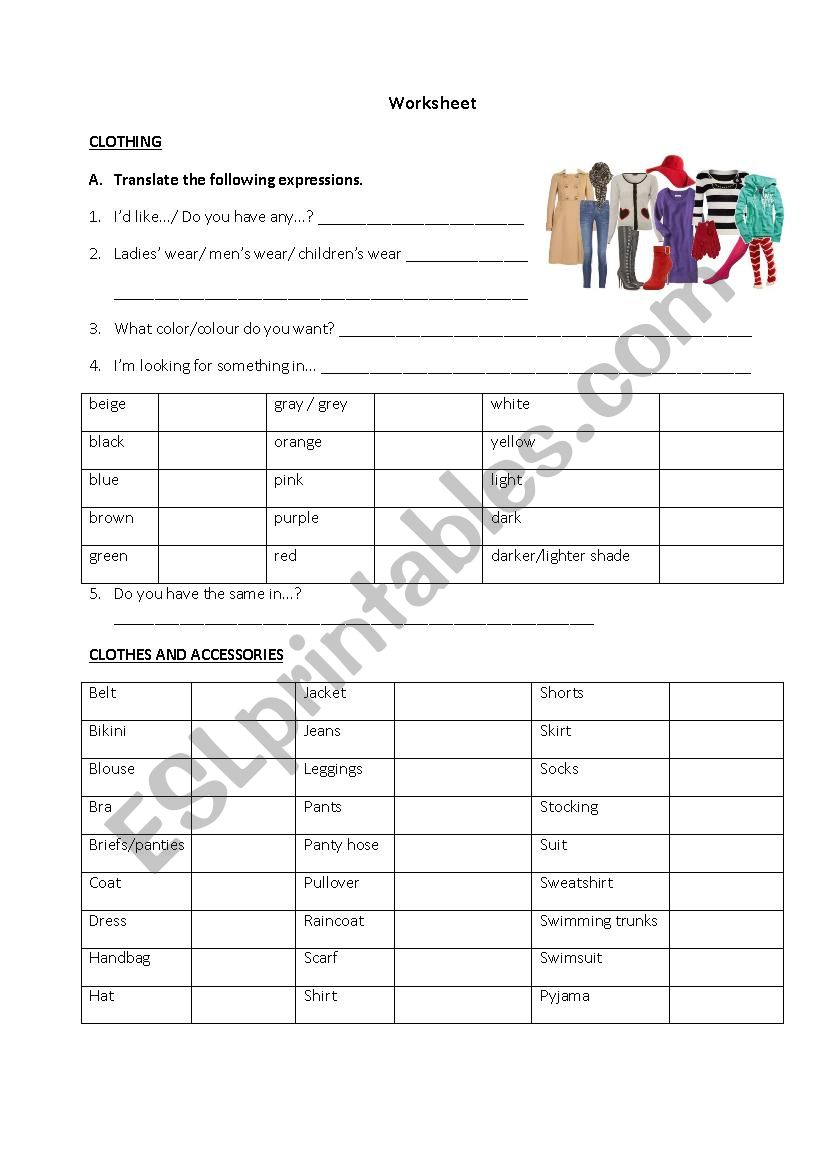 Clothing worksheet