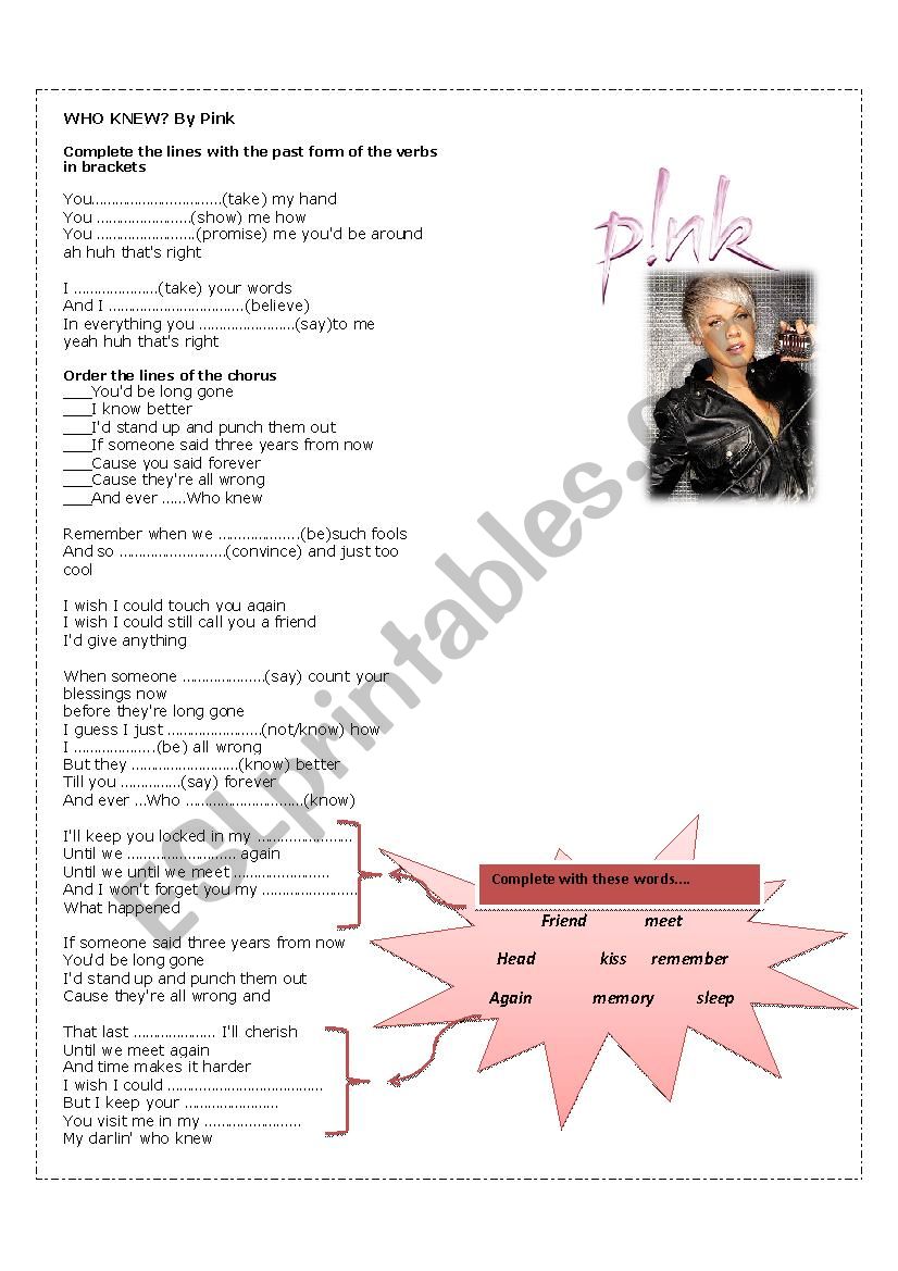 Who knew by Pink  worksheet