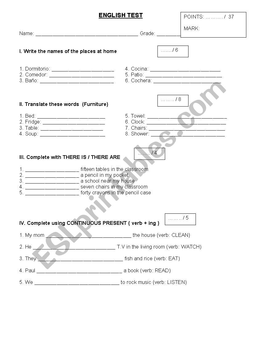 english test worksheet