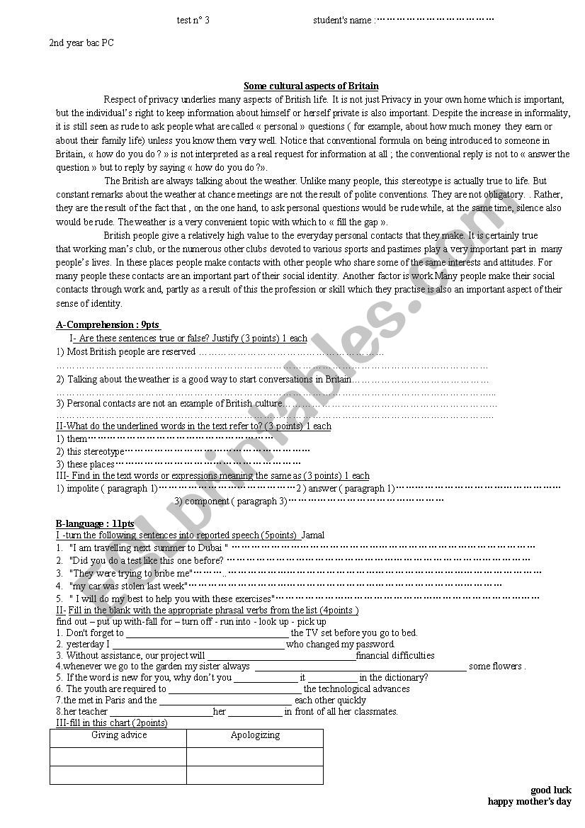 test 2nd year bac  worksheet