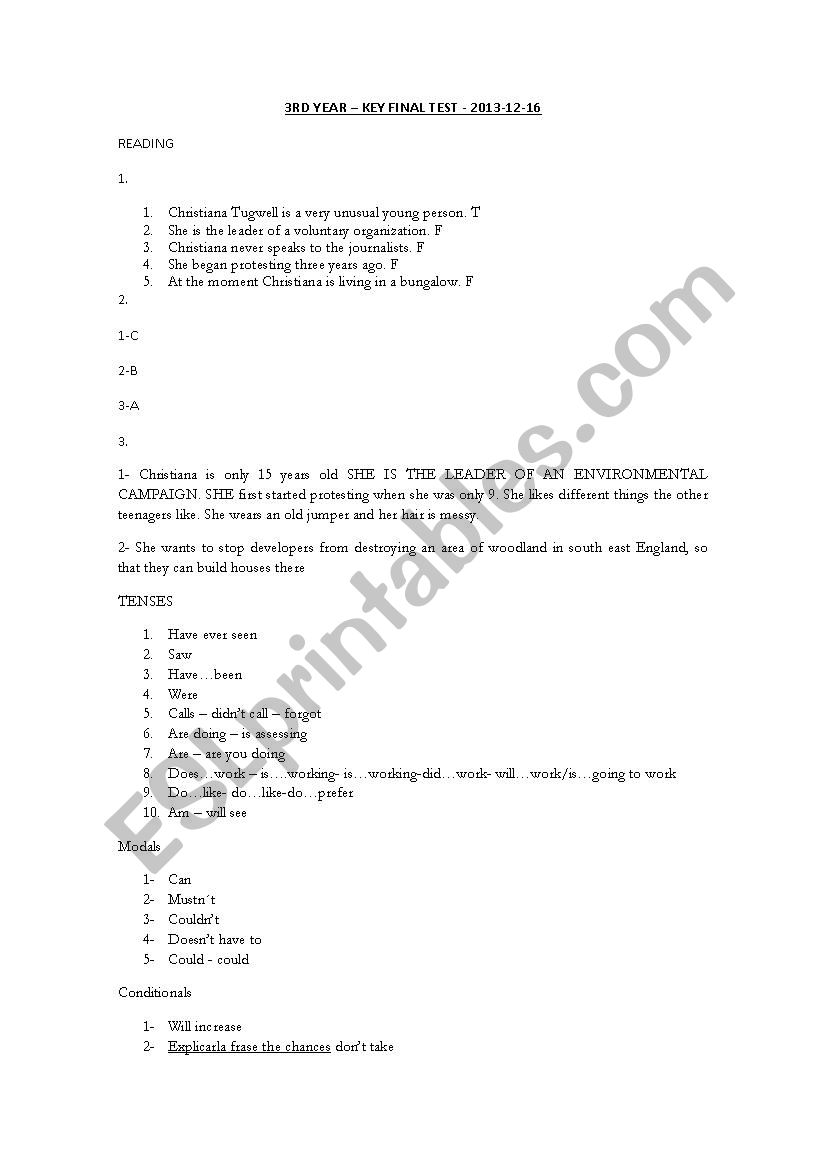 FINAL TEST - 3RD YEAR  worksheet