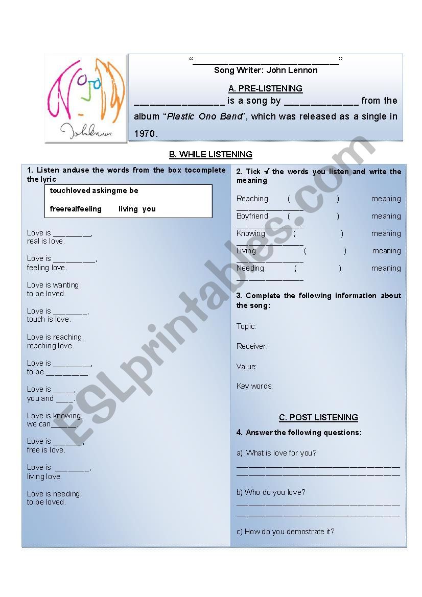 Love song by Lennon worksheet