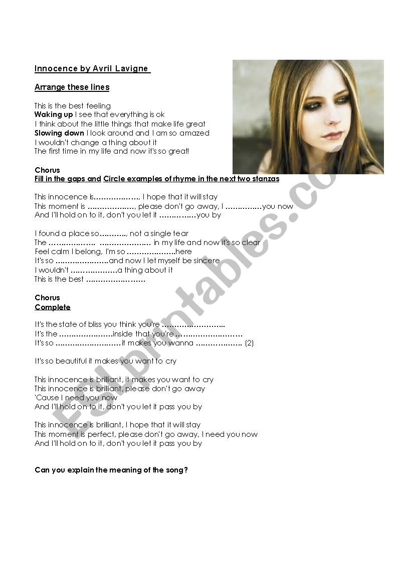 Worksheet of song Innocence (Avril Lavigne)