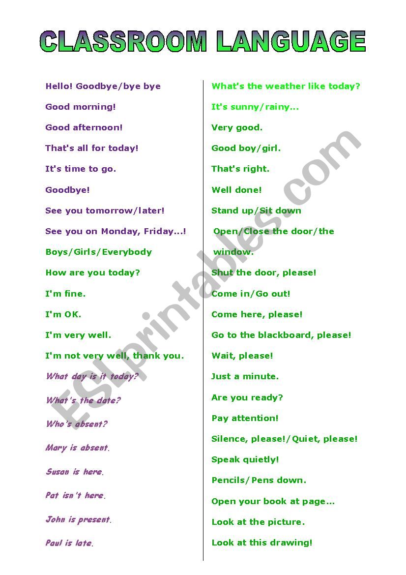 Classroom language worksheet