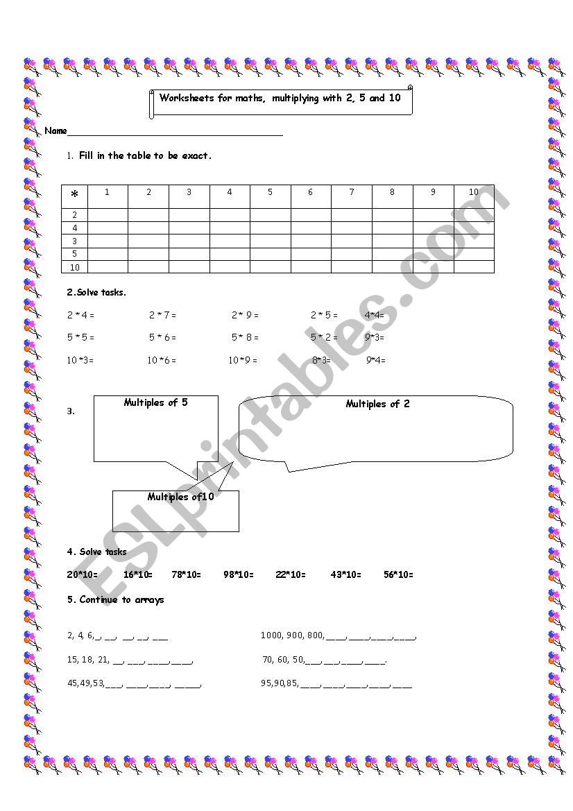 Worksheets for math,multiplying with 2, 5 and 10