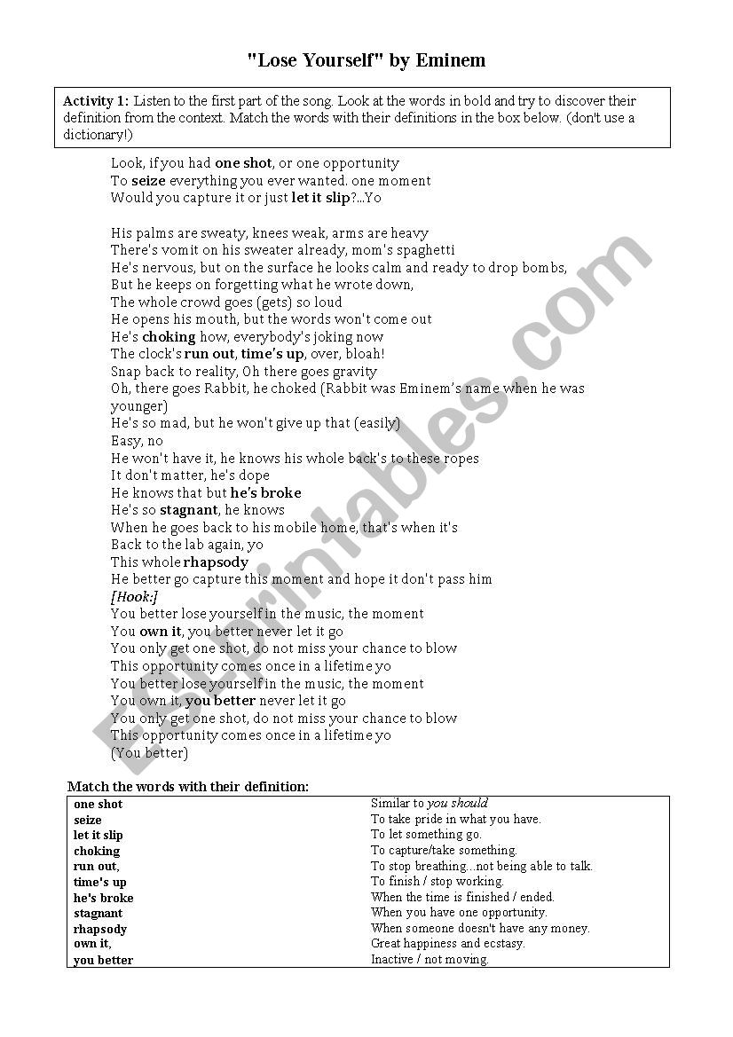 Eminem - Lose yourself worksheet