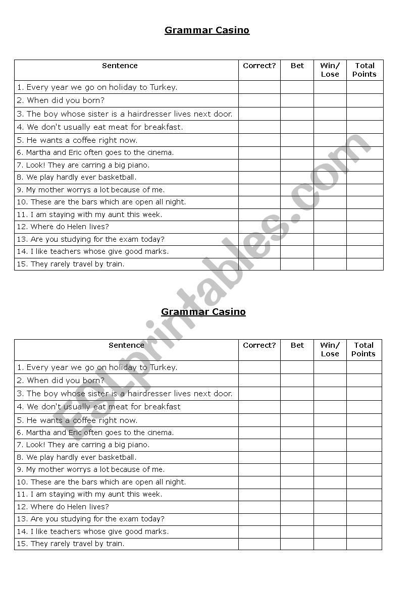 Grammar Casino worksheet