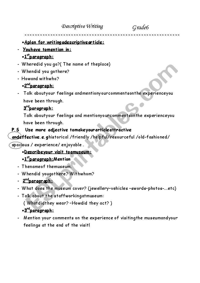 description of place worksheet