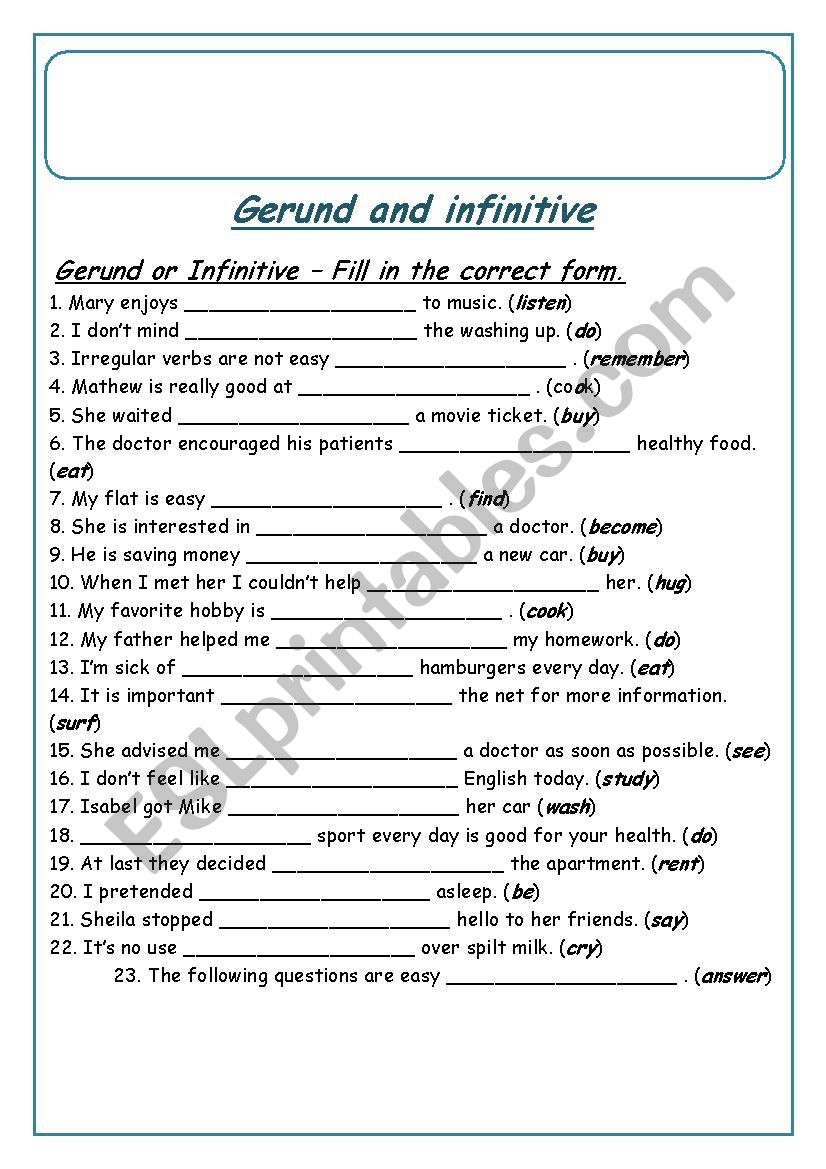 gerund and infinitive worksheet