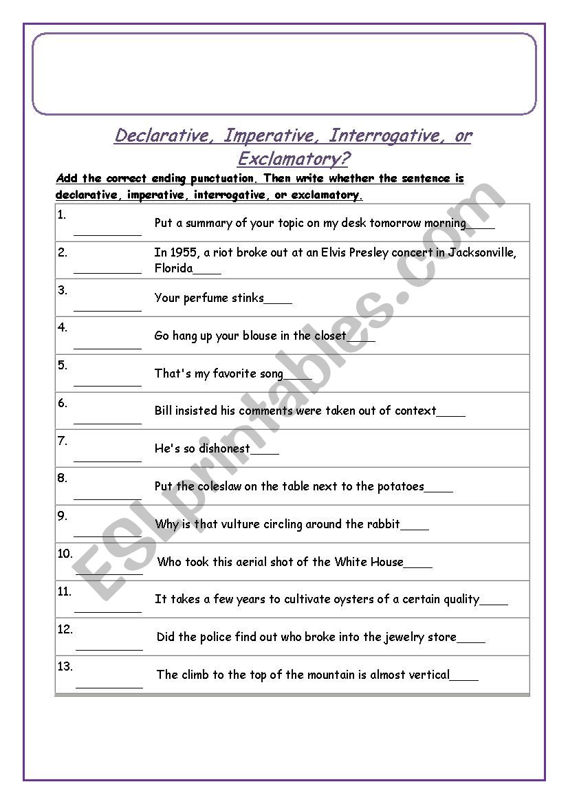 types of sentences - ESL worksheet by Eman.nesportsaid@gmail.com Inside Kinds Of Sentences Worksheet