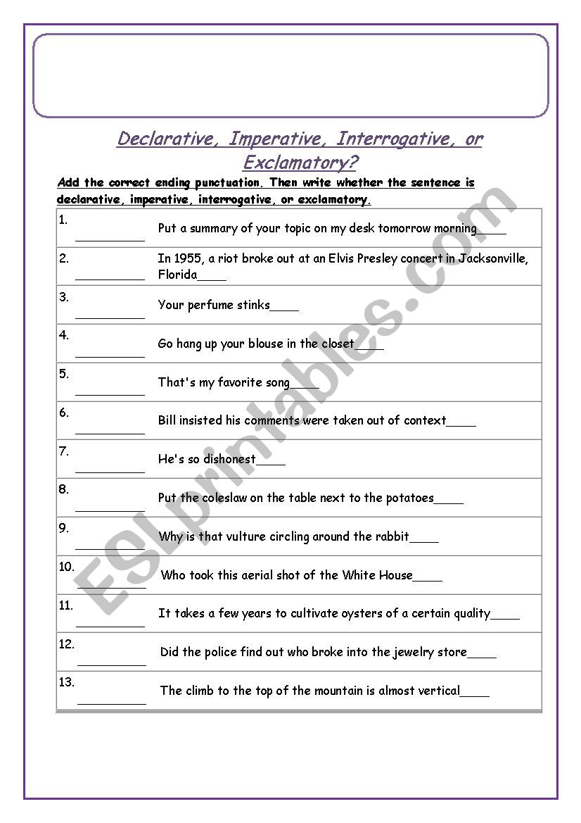 types of sentences - ESL worksheet by Eman.nesportsaid@gmail.com With Types Of Sentences Worksheet