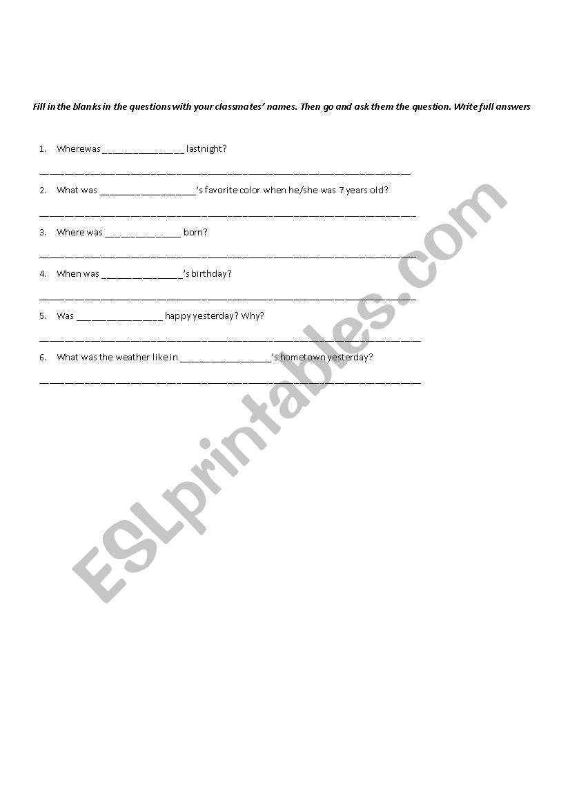 Was - Were speaking activity worksheet