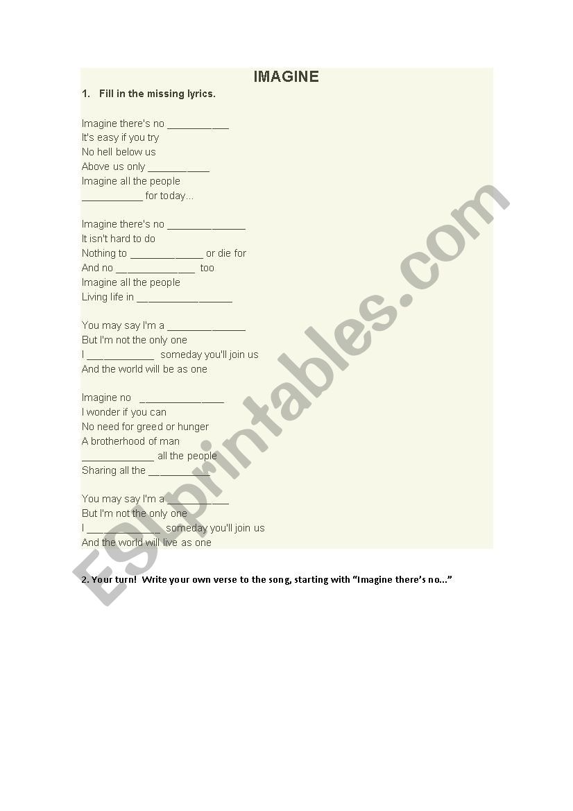 Song Activity: Imagine - Fill in Blanks 