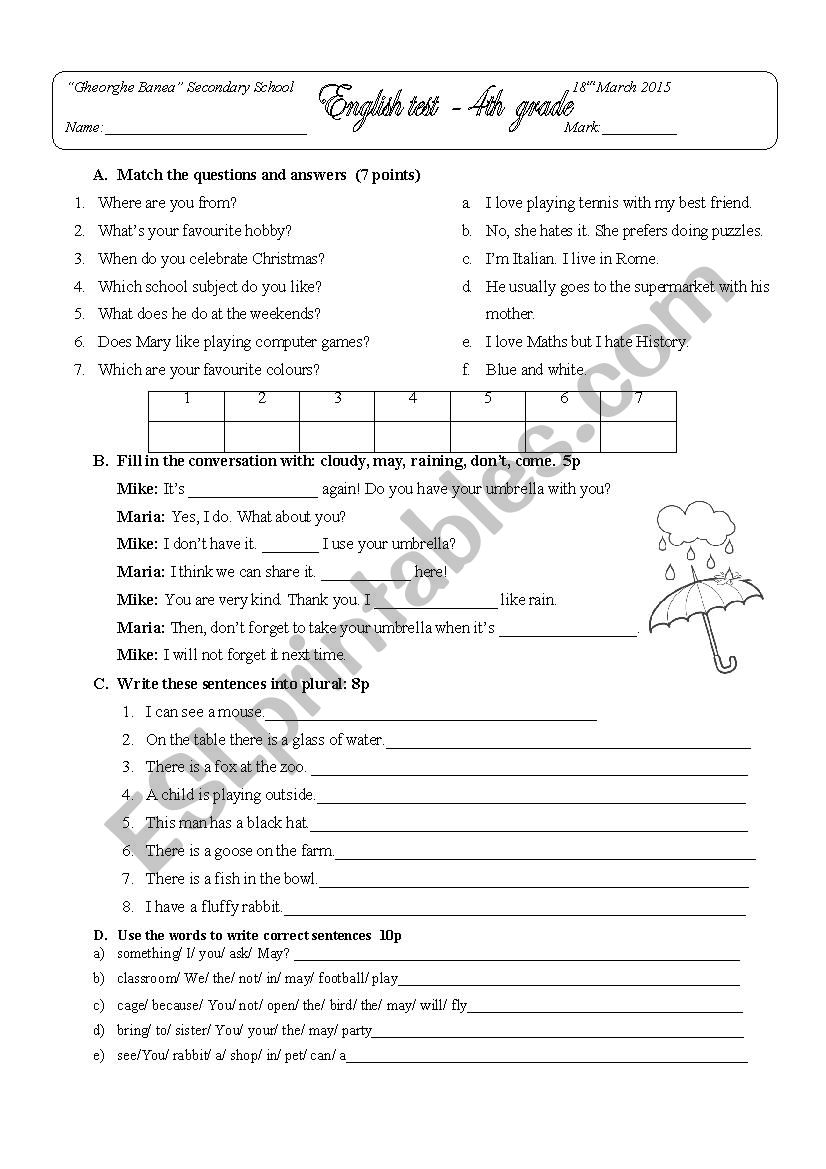test 4th grade worksheet
