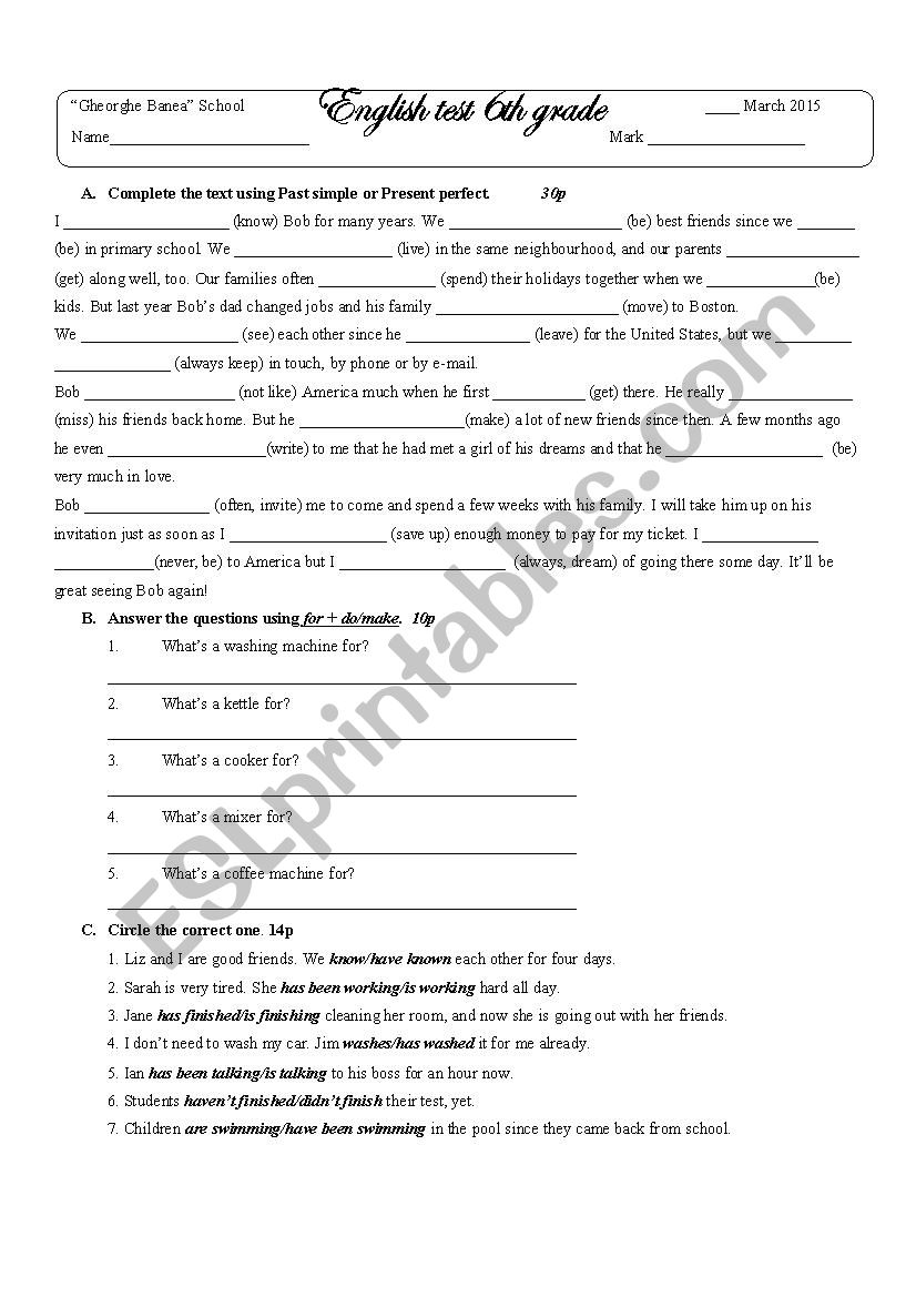 test 6th grade worksheet