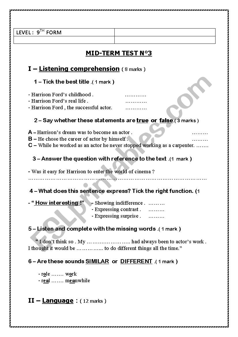 9th form mid term test n3 worksheet