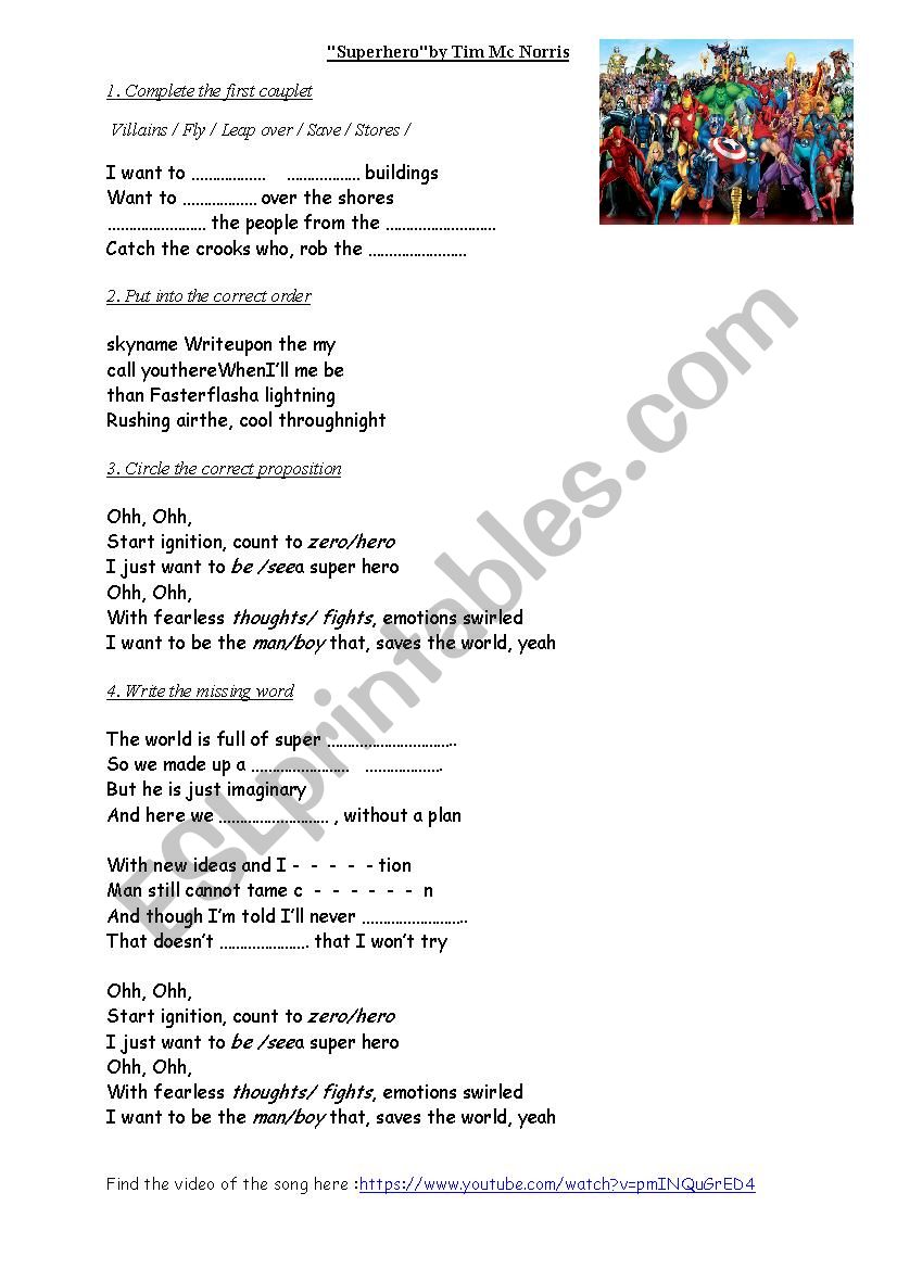 Superhero song - ESL worksheet by emorel14