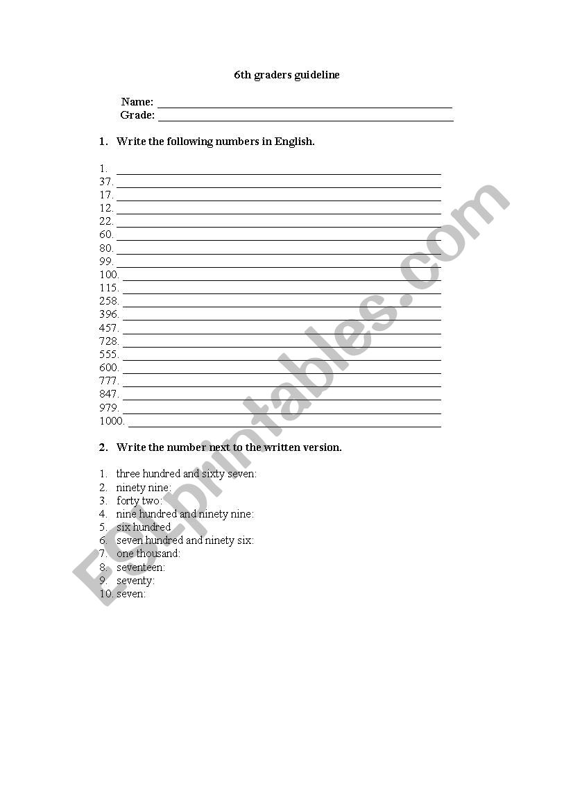 english numbers 1-1000 worksheet