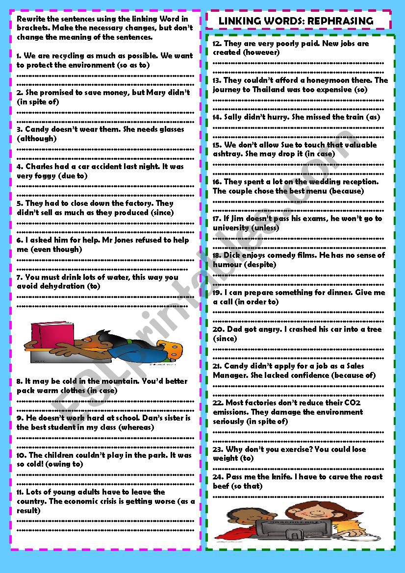 Linking words rephrasing+ Key worksheet