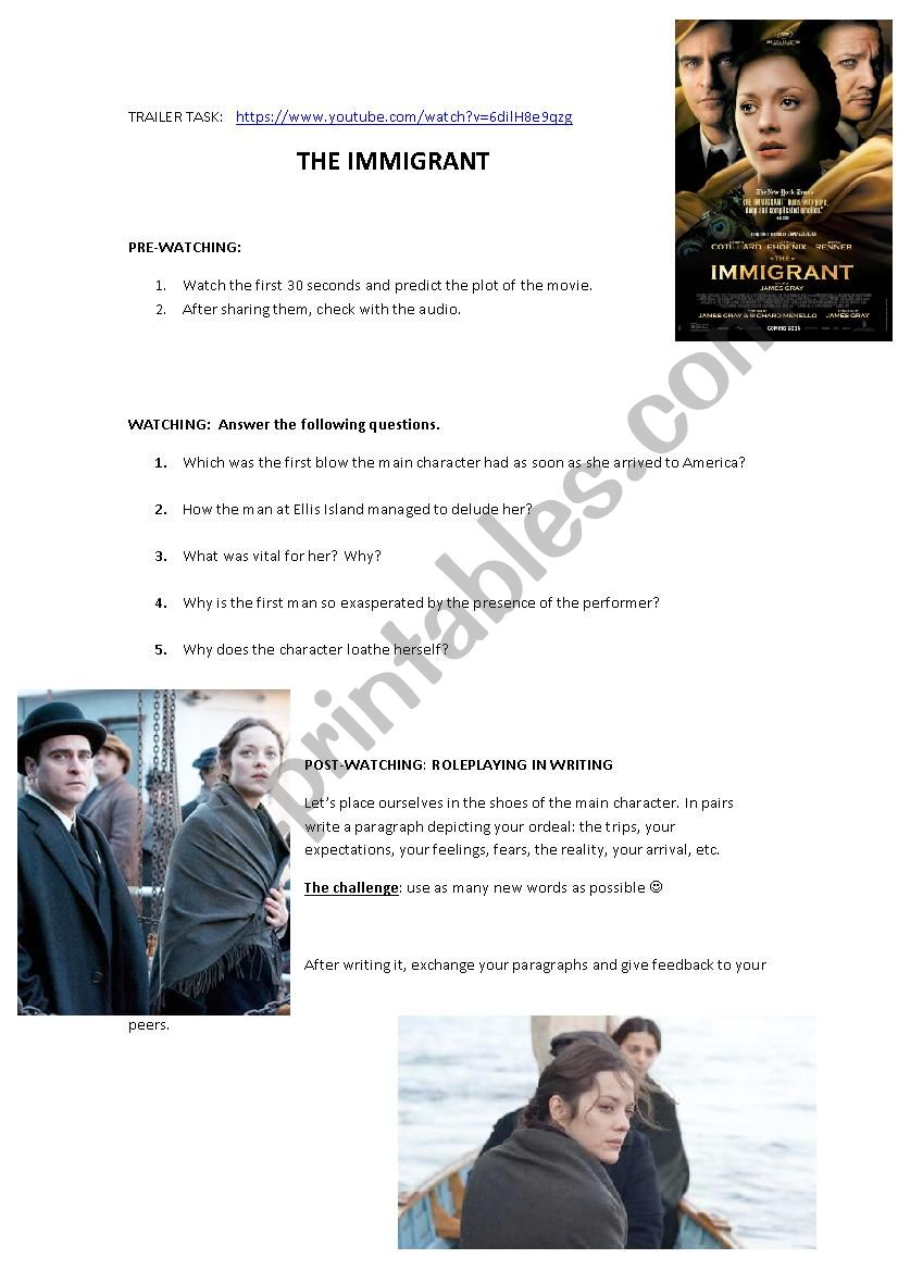 Trailer task -The Immigrant worksheet