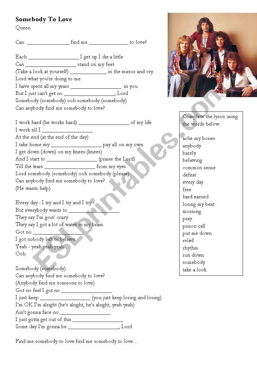 Somebody to love worksheet