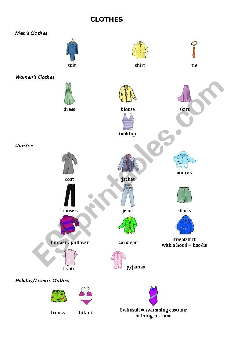 CLOTHES illustrated vocabulary sheet