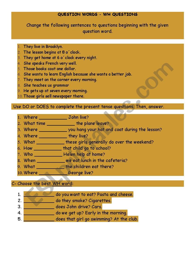 Question Words worksheet