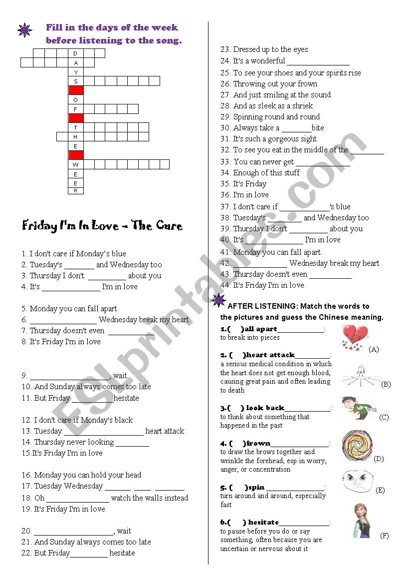 Song: Friday Im in love worksheet