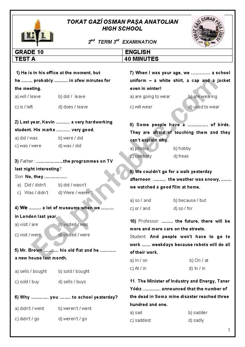 A Lower Intermediate Multiple Choice Test