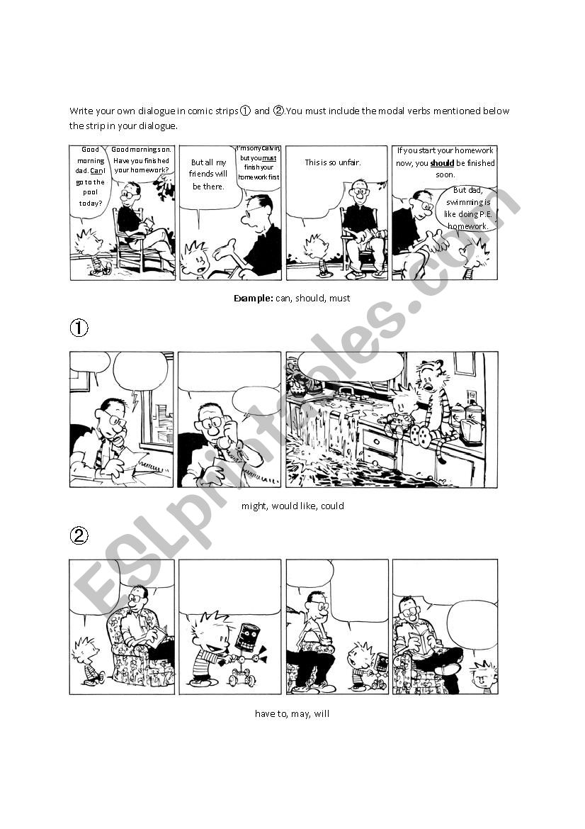 Modal Verbs - Comic Strip - Calvin and Hobbs - ESL worksheet by
