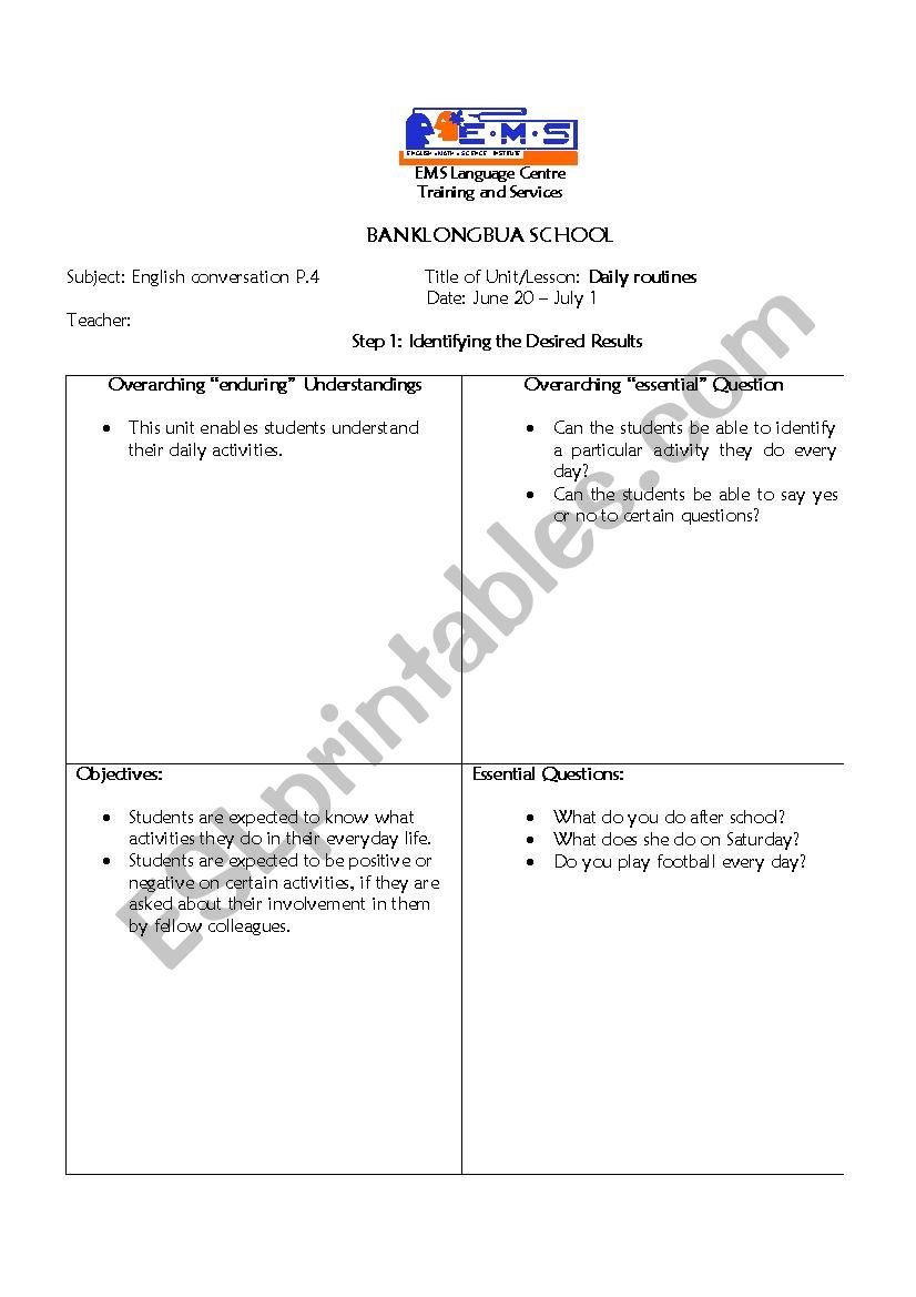 daily routines worksheet