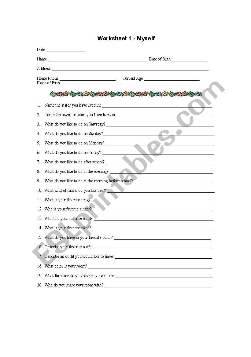 All about Me worksheet