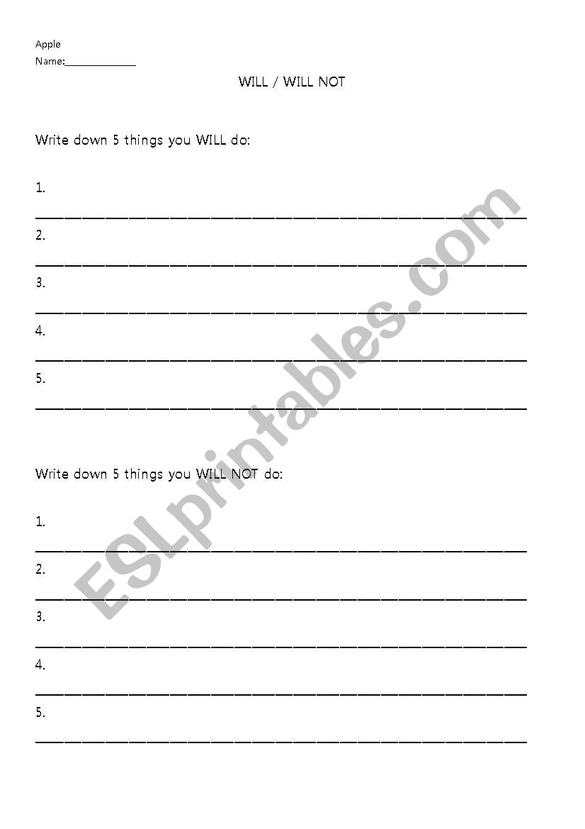 will, wont for ages 5 and up worksheet