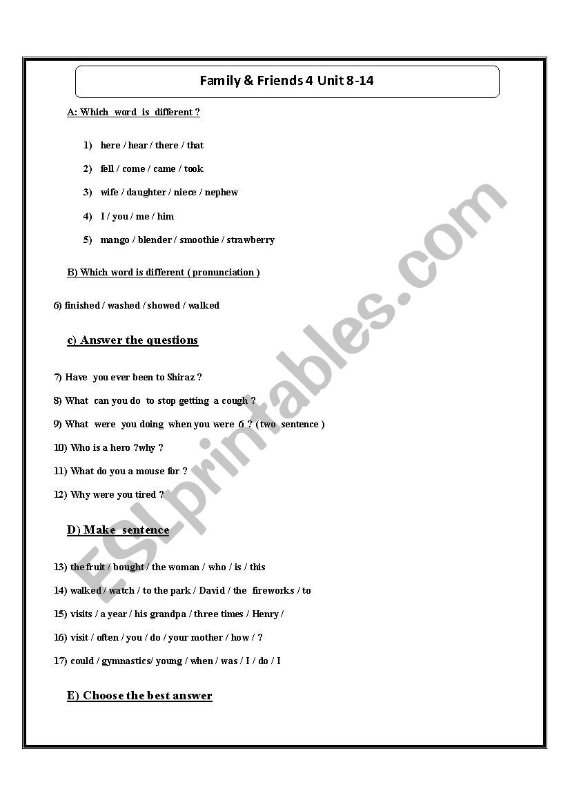 Family & Friends 4 Unit 8-14 worksheet