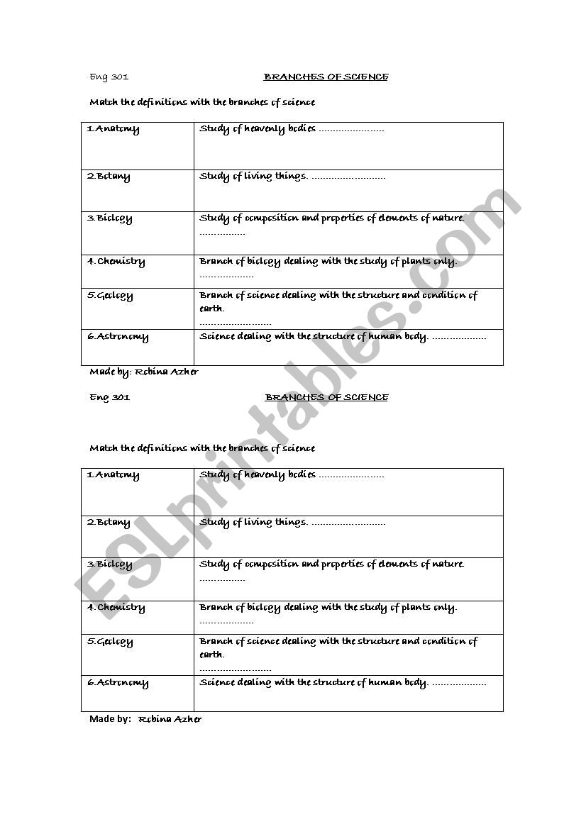 branches of science  worksheet
