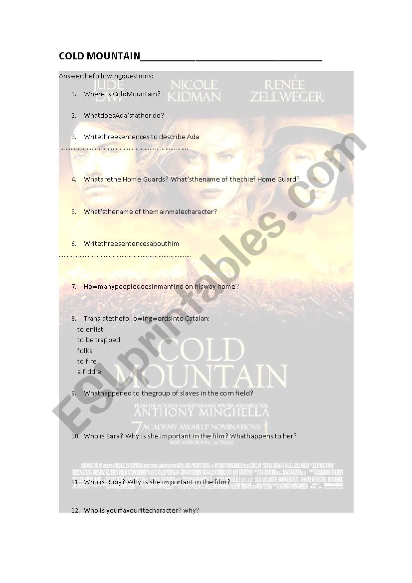 Cold Mountain worksheet