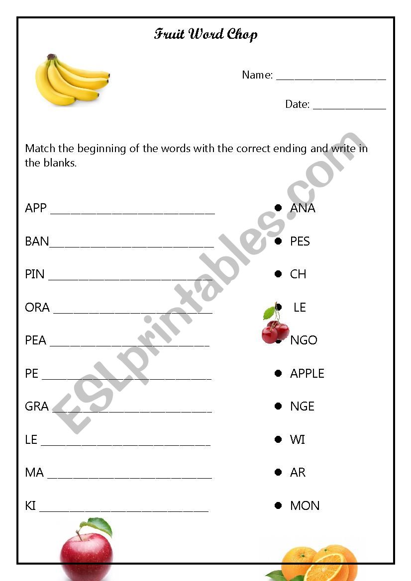 Fruit Word Chop worksheet