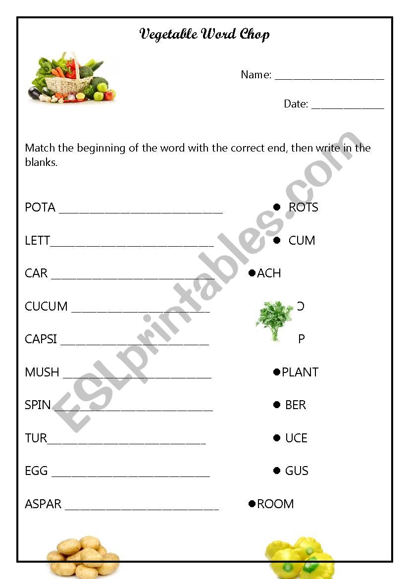 Vegetable Word Chop worksheet