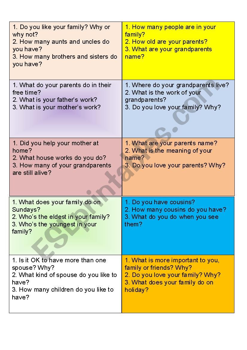 SPEAKING CARDS ABOUT FAMILY worksheet